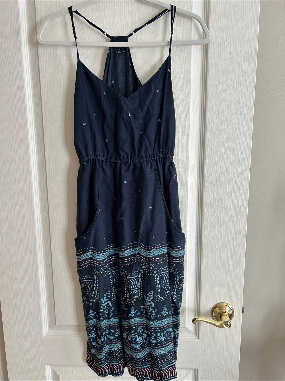 Patagonia Navy Maxi Dress with Teal Border Print Birds XS